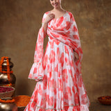 Coral Floral Printed Organza Draped Lehenga Set