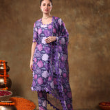 Royal Purple Rose Printed Georgette Salwar Set With Geometric Scallop Borders