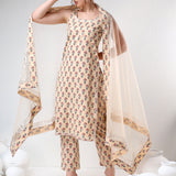Beige Floral Printed Cotton Salwar Set With Halter Neck