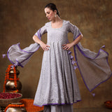 Lavender Micro Floral Georgette Anarkali Set With Layered Tassels