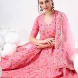 Rose Pink Floral Printed Cotton Anarkali Set With Tassel Ties