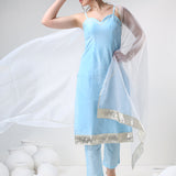 Powder Blue Cotton Salwar Set With Metallic Silver Hem