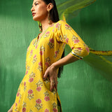 Mustard Yellow Floral Printed Cotton Salwar Set With Olive Pants