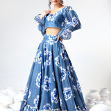 Denim Blue Floral Printed Organza Ruffled Lehenga Set