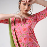 Coral Pink Floral Printed Cotton Sharara Set With Green Dupatta