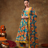 Teal Floral Printed Blended Fabric Anarkali Set With Mustard Border