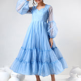 Sky Blue Organza Ruffled Gown With Sheer Puff Sleeves
