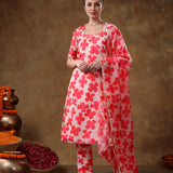 Coral Red Clover Motif Georgette Salwar Set With Fine Silver Trims