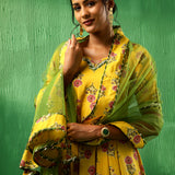 Sunflower Yellow Floral Printed Crepe Anarkali Set