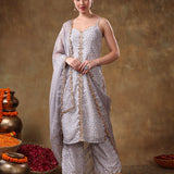 Lilac Strappy Georgette Salwar Set With Intricate Mirror Work Embroidery