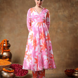 Pastel Pink Floral Printed Georgette Anarkali Set With Scalloped Edge