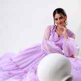Lilac Organza Ruffled Gown With Sheer Puff Sleeves