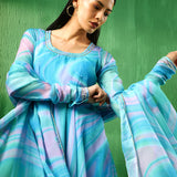 Aqua Marble Printed Georgette Anarkali Set With Tiered Hem
