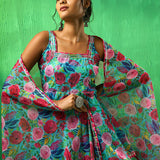 Turquoise Floral Printed Georgette Sharara Set