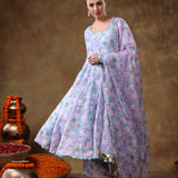 Sky Blue Floral Printed Georgette Anarkali Set With Fringed Dupatta