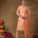 Peach Sunburst Printed Georgette Salwar Set With Yellow Accent Piping