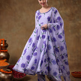 Lavender Floral Printed Georgette Anarkali Set With Gota Trim