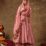 Mustard And Pink Jaal Print Blended Fabric Anarkali Set