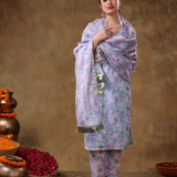 Sky Blue And Lilac Floral Printed Georgette Salwar Set With Gold Fringe