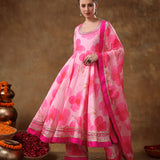 Blush Pink Floral Printed Organza Anarkali Set With Fuchsia Border