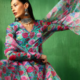 Turquoise Floral Printed Georgette Anarkali Set With Tiered Dupatta