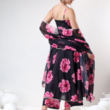 Jet Black Floral Printed Organza Tiered Anarkali Set