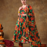 Emerald Green Botanical Printed Georgette Anarkali Set With Gota Detail