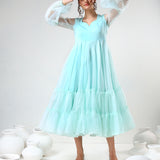 Mint Green Organza Ruffled Gown With Sheer Puff Sleeves