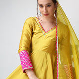 Mustard Yellow Cotton Anarkali Set With Pink Chevron Cuffs