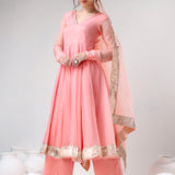 Blush Peach Cotton Anarkali Set With Metallic Gota Border