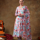 Multicolor Floral Printed Georgette Anarkali Set With Silver Lace Trim