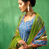 Cobalt Blue Floral Printed Cotton Anarkali Set With Green Dupatta