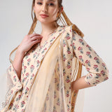 Beige Floral Printed Cotton Anarkali Set With Gota Trim