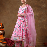 Rose Pink Floral Printed Georgette Anarkali Set With Metallic Borders