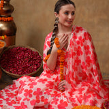 Coral Pink Angrakha Style Georgette Anarkali Set With Tassel Accent