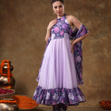 Lilac Floral Printed Georgette Halter Anarkali Set
