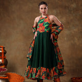 Bottle Green Floral Printed Georgette Halter Anarkali Set
