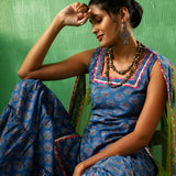 Cobalt Blue Floral Printed Cotton Sharara Set With Green Dupatta