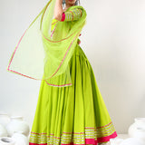 Neon Green Cotton Lehenga Set With Pink Striped Border