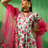 Ivory Rose Printed Blended Fabric Anarkali Set With Pink Dupatta