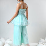 Mint Green Organza Tiered Cami Set With Silver Trim