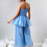 Sky Blue Organza Tiered Cami Set With Silver Piping