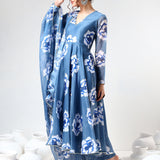 Steel Blue Floral Printed Cotton Anarkali Set
