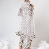 Ivory Floral Printed Cotton Salwar Set With Olive Trim