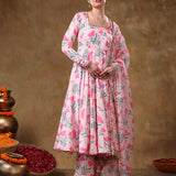 Blush Pink Tulip Printed Georgette Anarkali Set With Gold Fringe