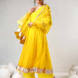 Sunshine Yellow Cotton Anarkali Set With Metalli Border