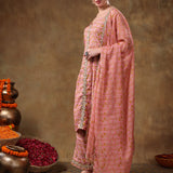 Dusty Rose And Mustard Printed Blended Fabric Straight Suit Set