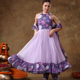 Lilac Floral Printed Georgette Halter Anarkali Set