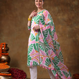 Mint Green Abstract Palm Leaf Georgette Salwar Set With Keyhole Neck
