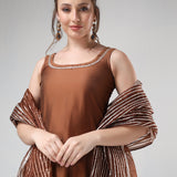 Copper Brown Silk Blend Salwar Set With Striped Dupatta